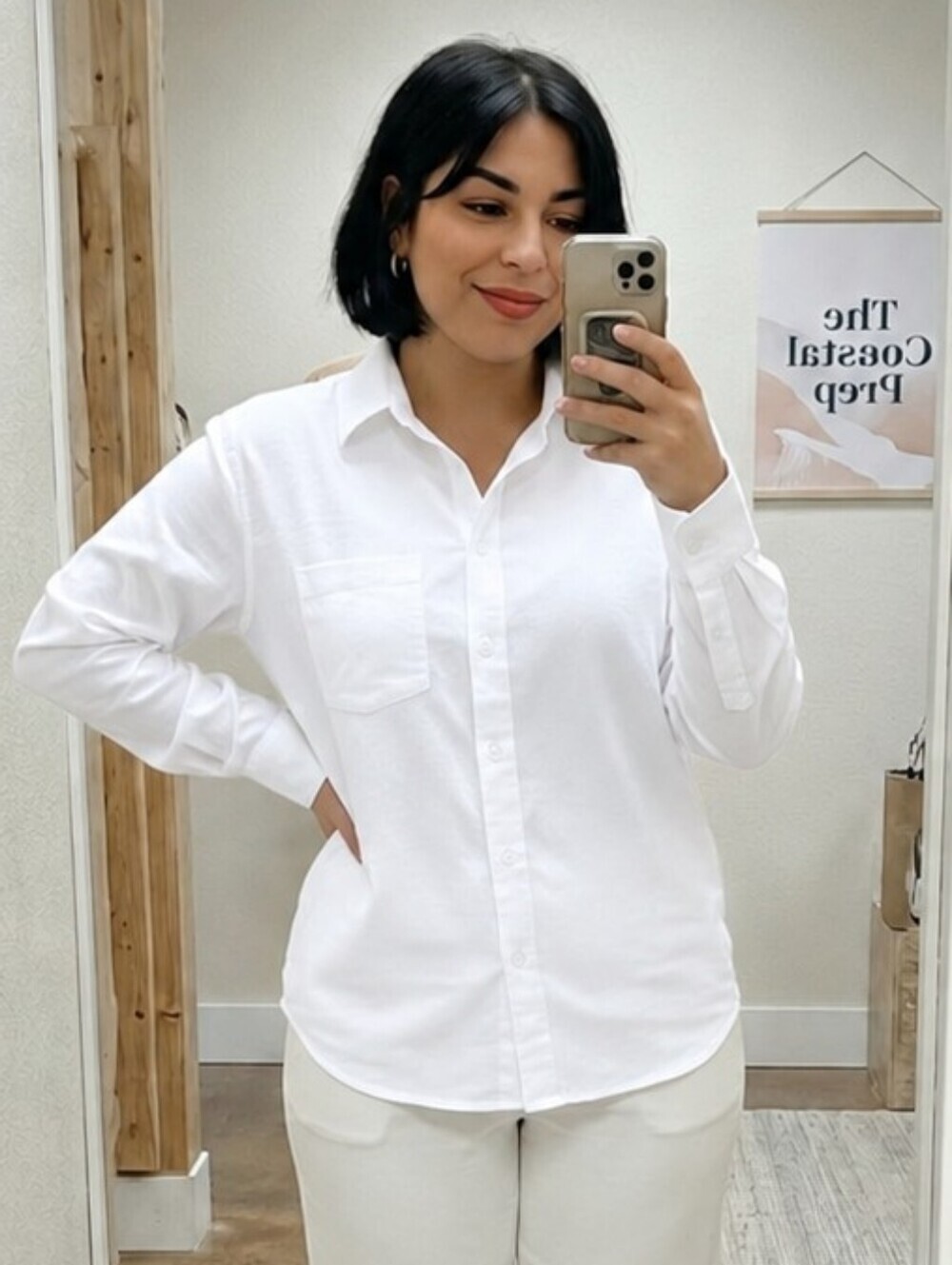 Active USA Long Sleeve White Linen Blend Button Front Collared Shirt